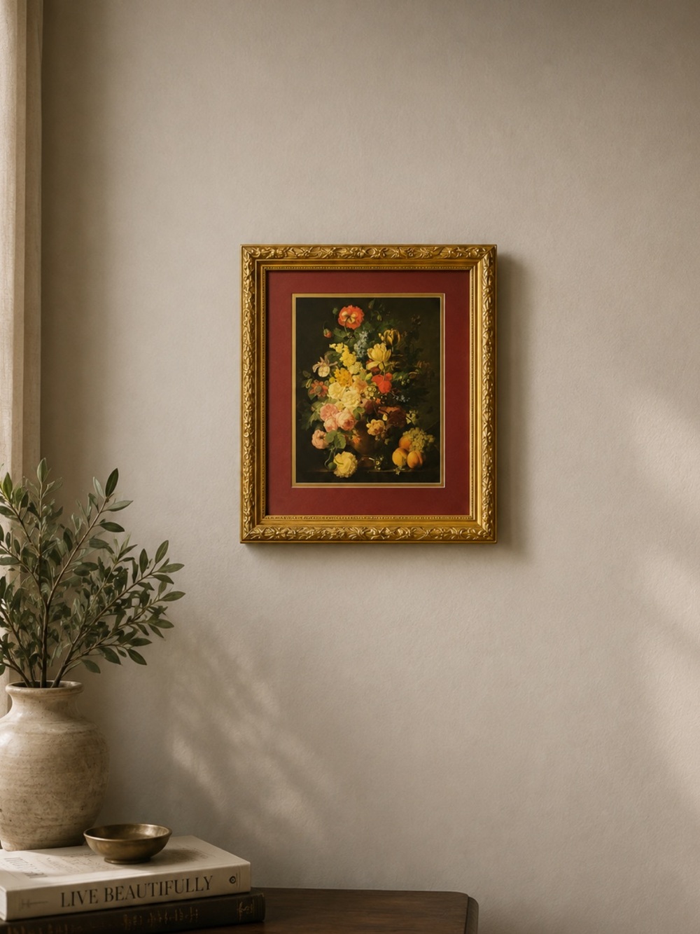 Framed Floral Still Life Wall Art - Red and Gold